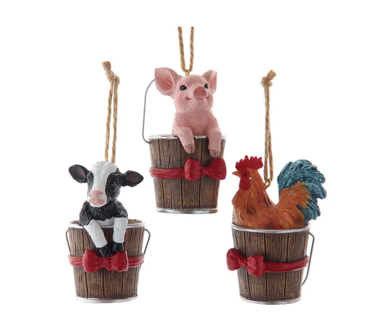 Kurt Adler Farm Animals In Bucket, Cow Pig, Rooster Christmas Tree Ornaments, 3"