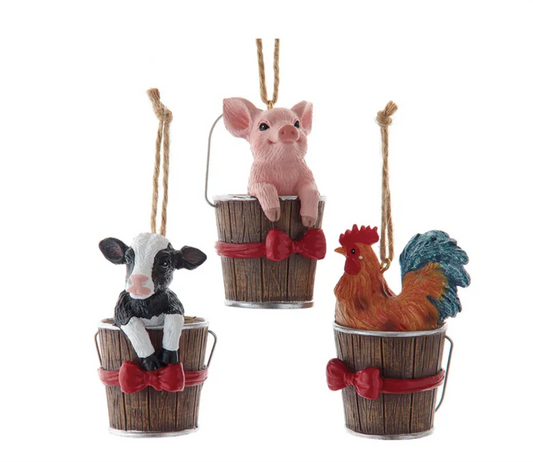 Kurt Adler Farm Animals In Bucket, Cow Pig, Rooster Christmas Tree Ornaments, 3"