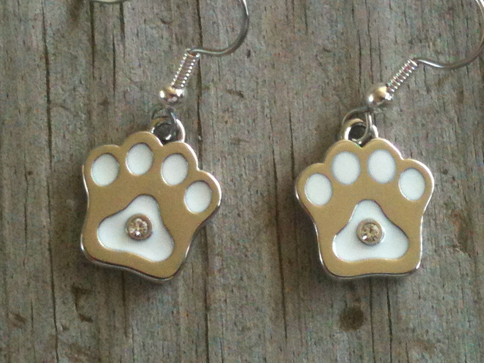 Silver Paw Print with White Enamel and Crystal Earrings