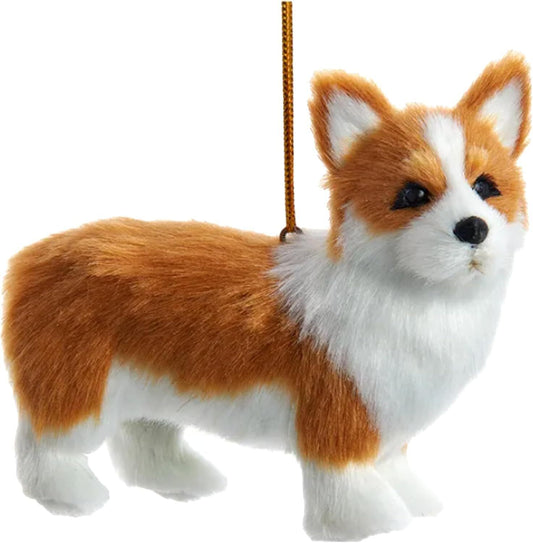 Kurt Adler F2242CO Furry Corgi Dog Brown and White 4" Hanging Christmas Ornament
