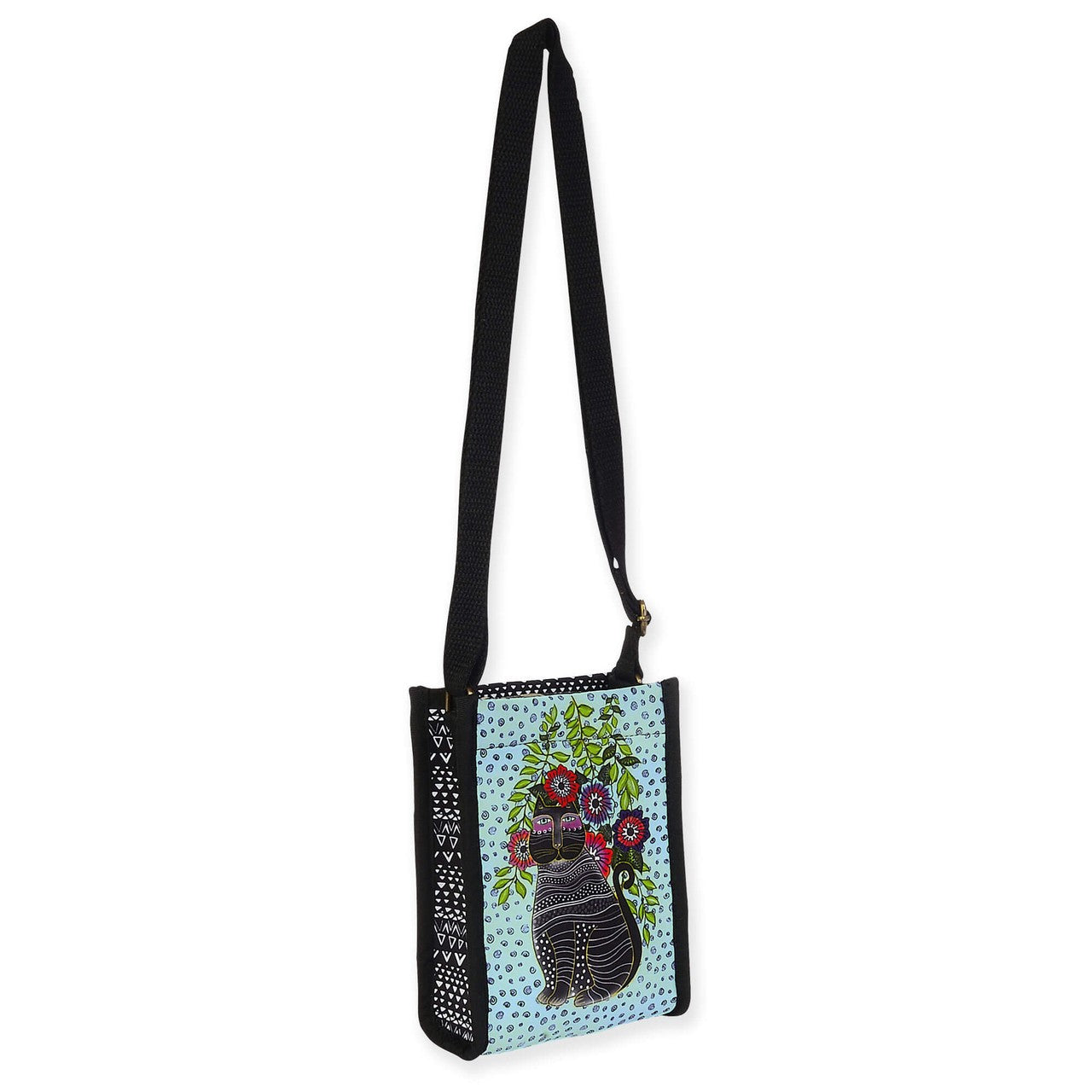 Laurel Burch Black Kitty Noir In Blossoms Neoprene Crossbody, 4.75 x 2 x 6.5"
