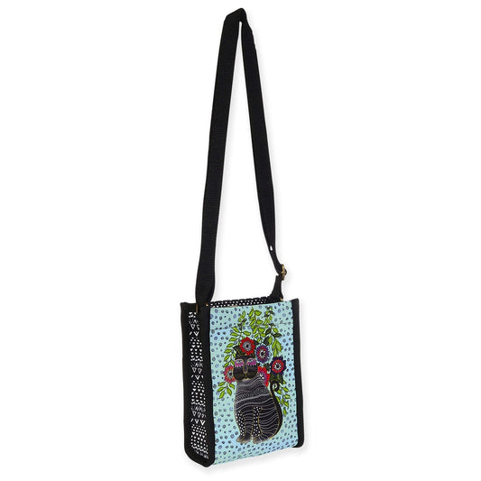 Laurel Burch Black Kitty Noir In Blossoms Neoprene Crossbody, 4.75 x 2 x 6.5"
