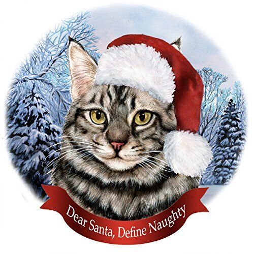 Holiday Pet Gifts Maine Coon Silver Santa Hat Cat Porcelain Christmas Ornament