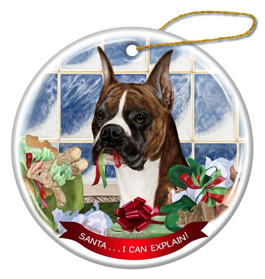 Brindle/White Boxer Cropped Dog Porcelain Ornament Santa. I Can Explain