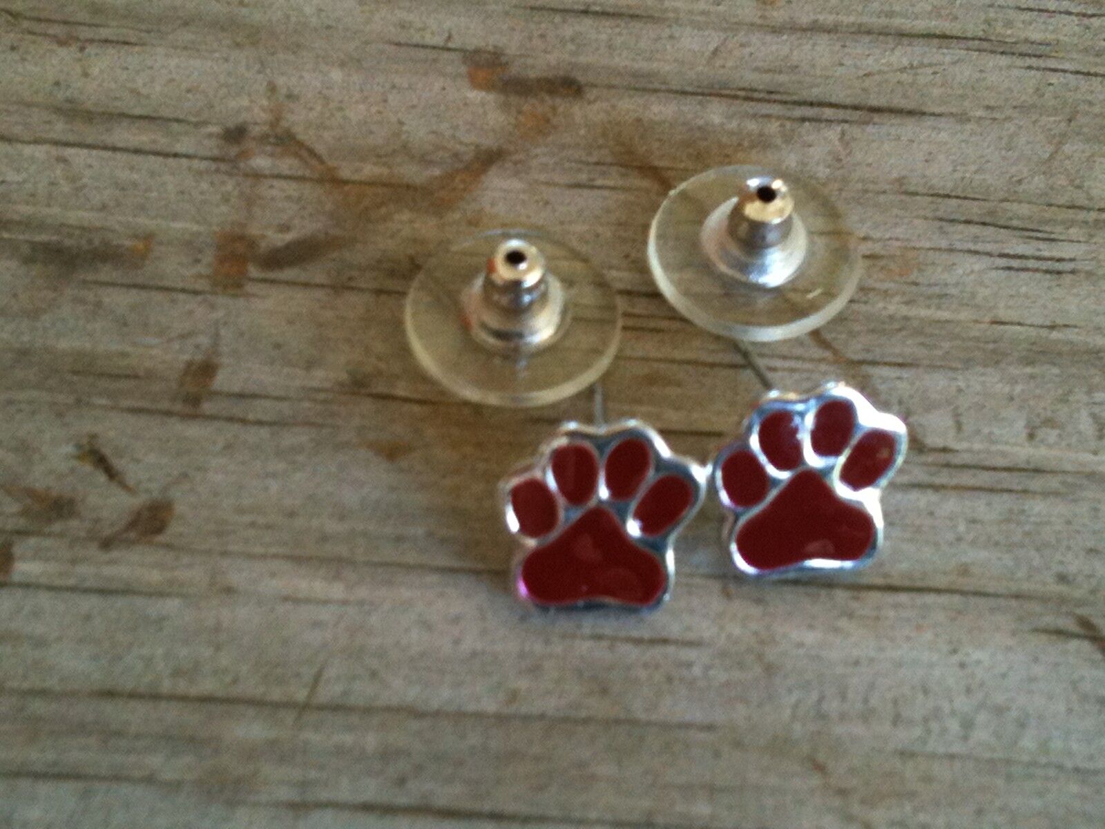 Small Maroon Hand Enameled Paw Print Imitation Rhodium Plated Post Earrings
