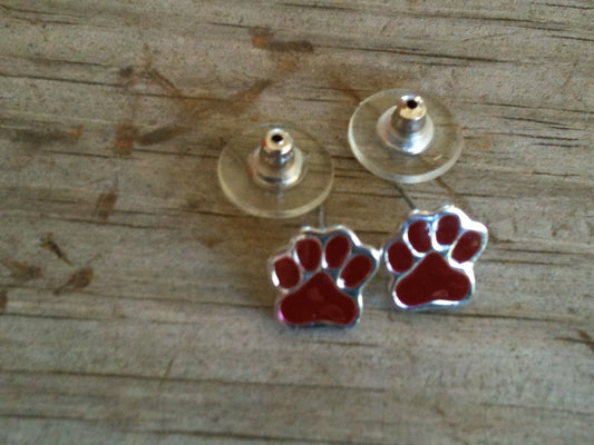 Small Maroon Hand Enameled Paw Print Imitation Rhodium Plated Post Earrings