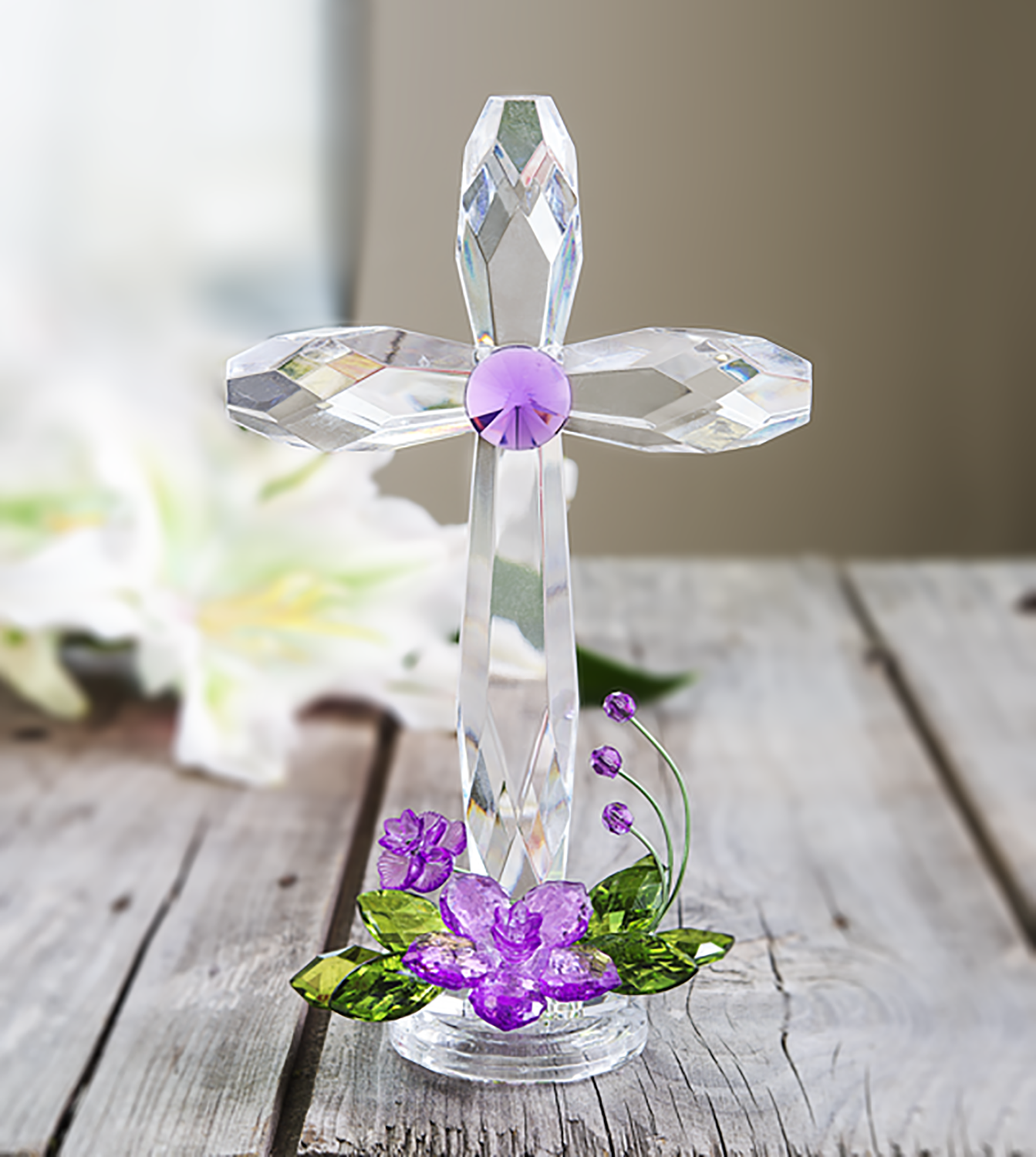 Ganz Acrylic Standing Floral Cross With Purple Flowers, 8"