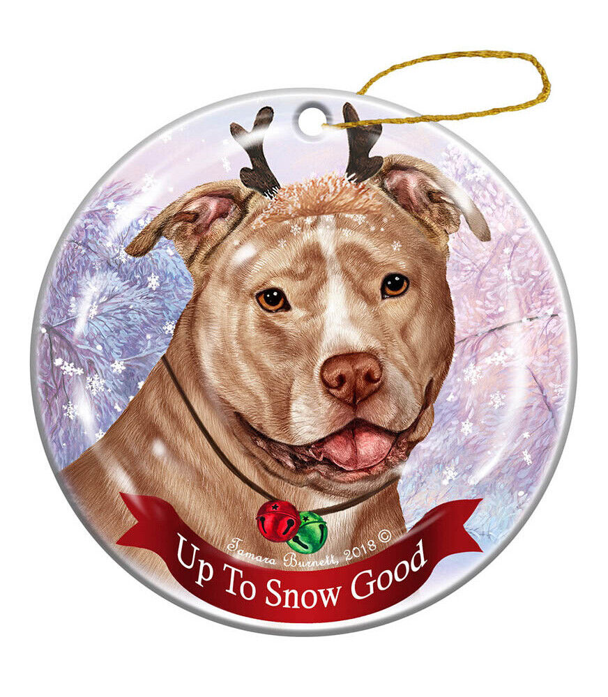 Holiday Pet Gifts Cream White Pit Bull Uncropped Porcelain Christmas Ornament
