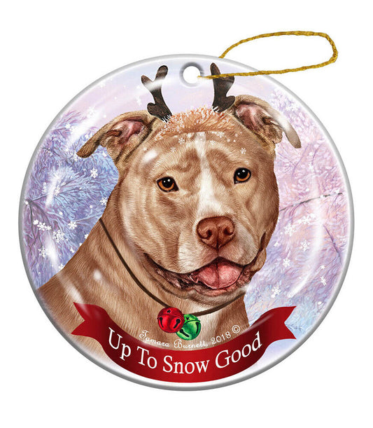 Holiday Pet Gifts Cream White Pit Bull Uncropped Porcelain Christmas Ornament