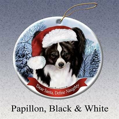Holiday Pet Gifts Papillon Blk/Wht Santa Hat Dog Porcelain Christmas Ornament