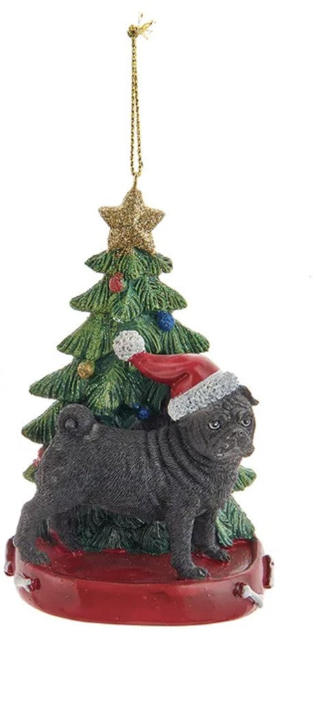 Kurt Adler Black Pug With Santa Hat Christmas Tree Ornament, 4.25 "