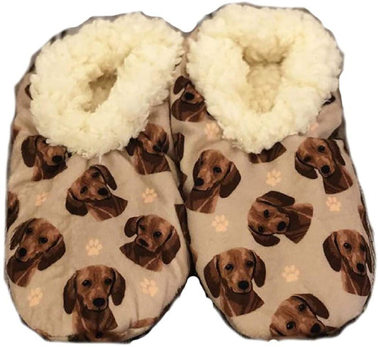 Comfies Womens Red Dachshund Dog Slippers - Sherpa Lined Animal Print Booties