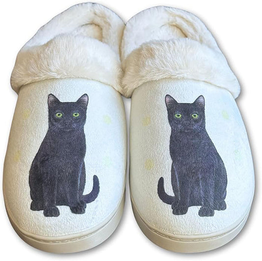 E&S Pets Black Cat Snugg Slippers for Pet Lovers - Fuzzy Memory Foam, L/XL