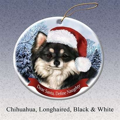 Holiday Pet Gifts Chihuahua Longhaired Black & White Dog Porcelain Ornament
