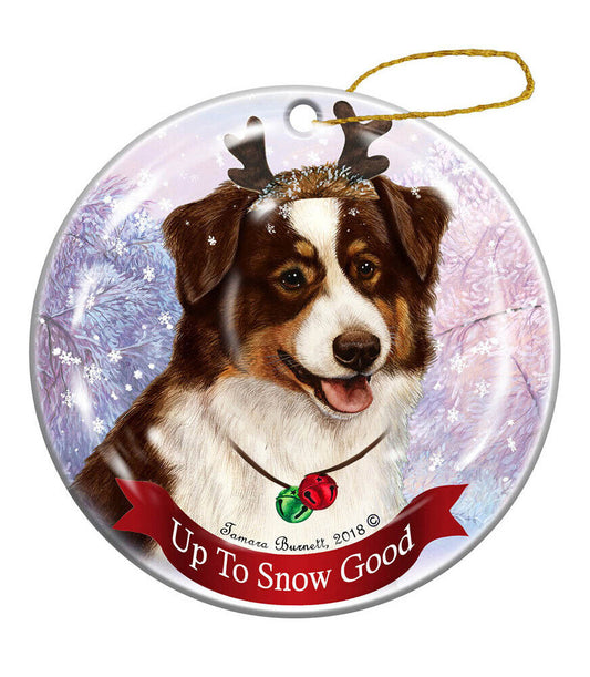 Australian Shepherd Red Tri-Color Reindeer Dog Porcelain Christmas Ornament