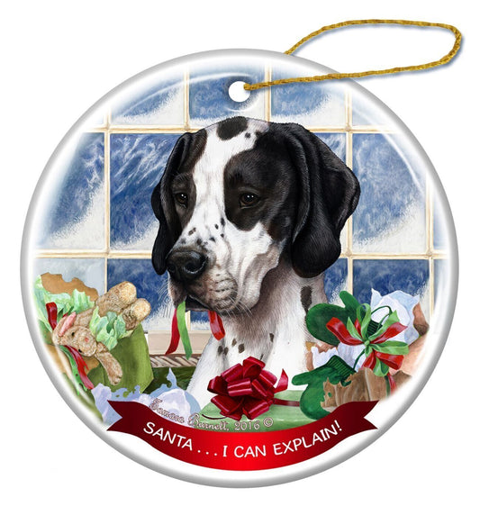 Black and White English Pointer Dog Porcelain Ornament Santa I Can Explain!