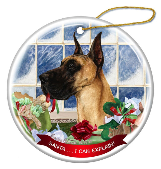 Fawn Great Dane Cropped Dog Porcelain Ornament Pet Gift 'Santa.. I Can Explain!