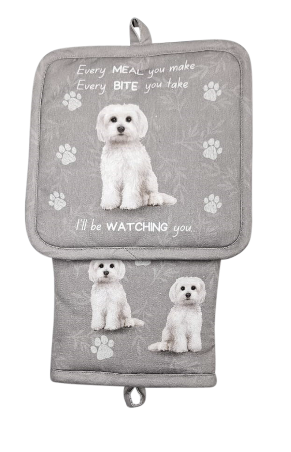 E&S Pets Maltese Dog 3 Piece Kitchen Set -  Oven Mitt, Towel, Pot Holder