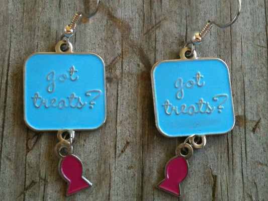 Blue and Pink "Got Treats?" with Dangling Fish Cat Pet Enameled Earrings