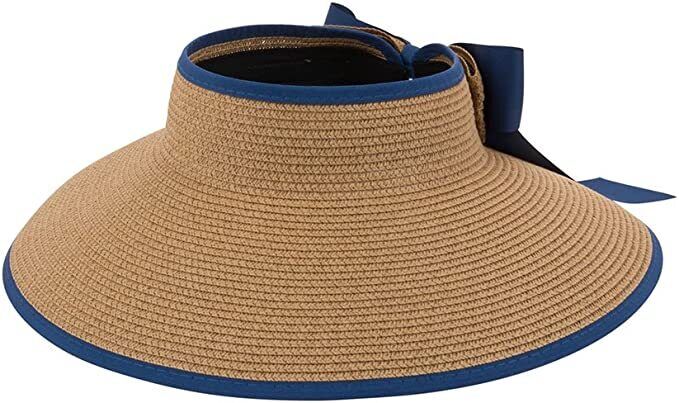 Straw Summer Sun Visor Beach Hat Wide Brim with Bow Adjustable (Navy)