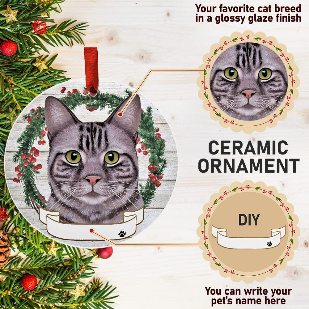 Silver Tabby Cat Ornament - E&S Pets - Personalizable, Ceramic Round Ornament