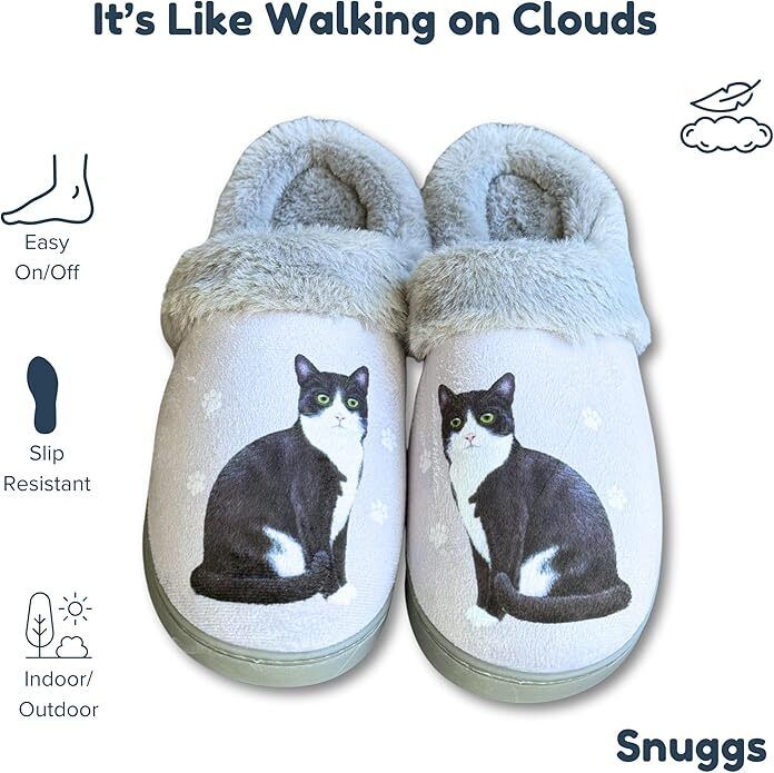 E&S Pets Black/White Cat Snugg Slippers for Pet Lovers - Fuzzy Memory Foam, S/M