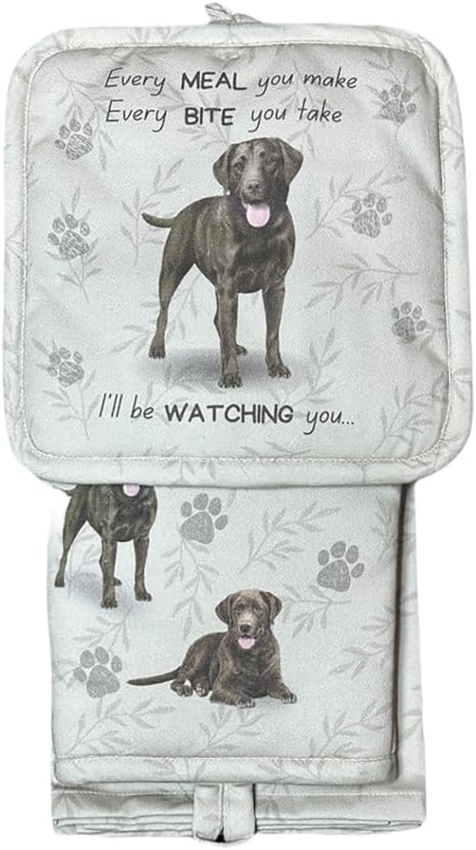 E&S Pets Chocolate Lab Dog 3 Piece Kitchen Set -  Oven Mitt, Towel, Pot Holder
