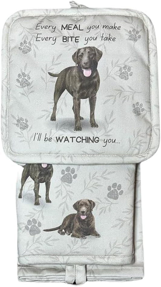 E&S Pets Chocolate Lab Dog 3 Piece Kitchen Set -  Oven Mitt, Towel, Pot Holder