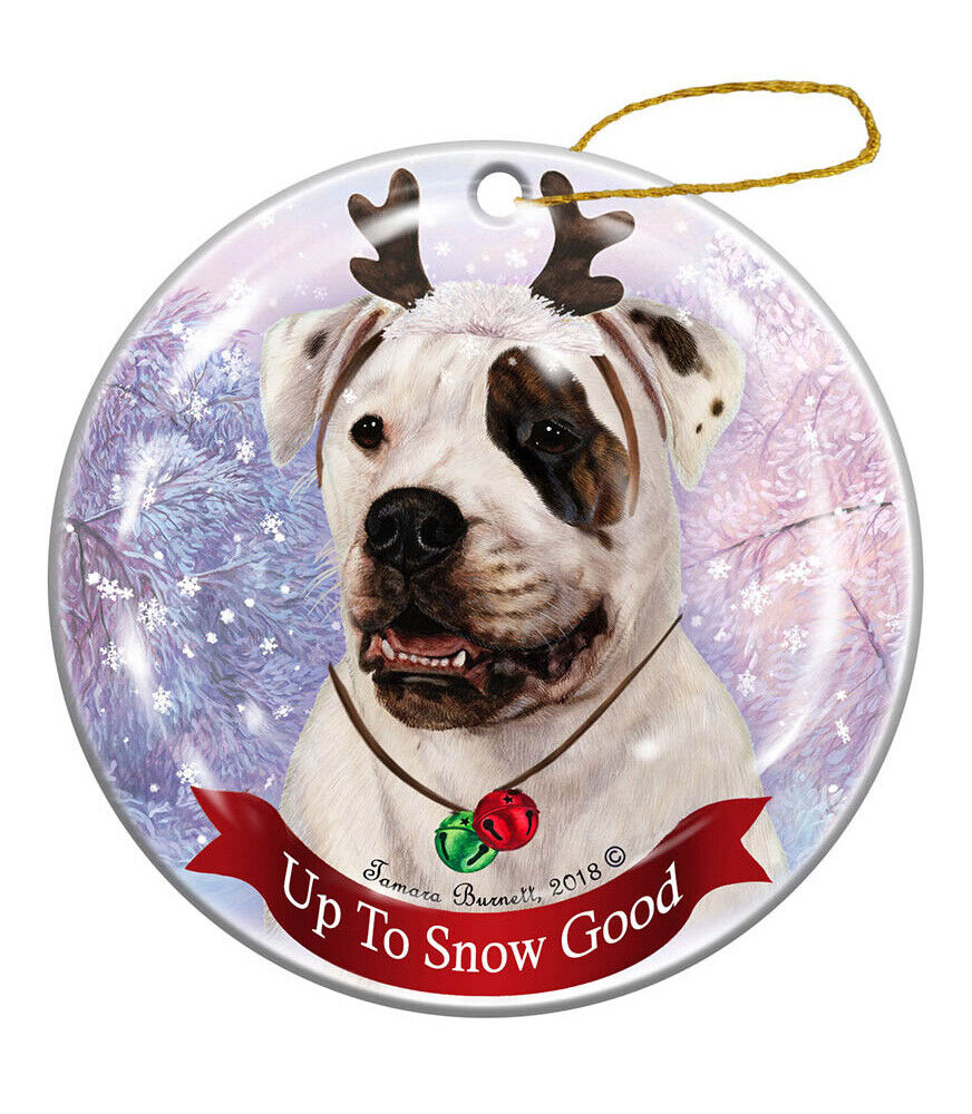 American Bulldog Brindle Eye Patch Reindeer Dog Porcelain Christmas Ornament