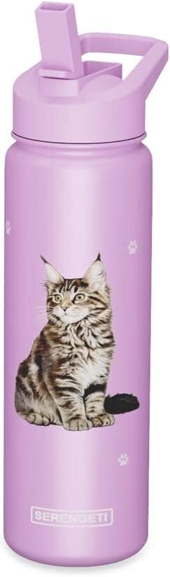 E&S Pets Stainless Steel Water Bottle 24 Oz., Spill Proof (Maine Coon)