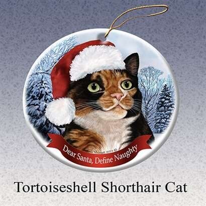 Holiday Gift Tortoiseshell Shorthair Cat Santa Porcelain Christmas Tree Ornament