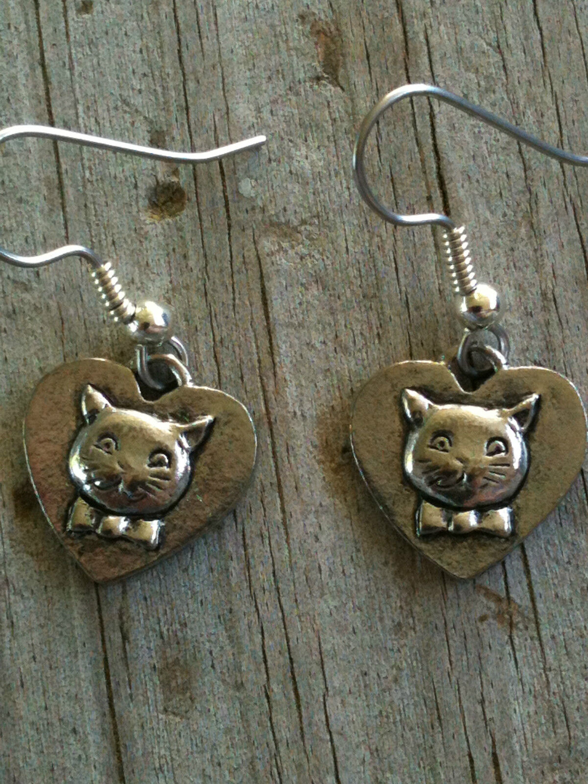 Silver Plated Pewter Heart with Cat Earrings