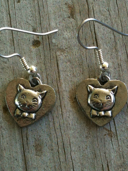 Silver Plated Pewter Heart with Cat Earrings
