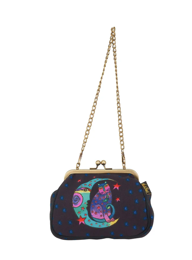 Laurel Burch Moonside Cat Clasp Purse with Shoulder Strap, 6” x 2.5” x 6”