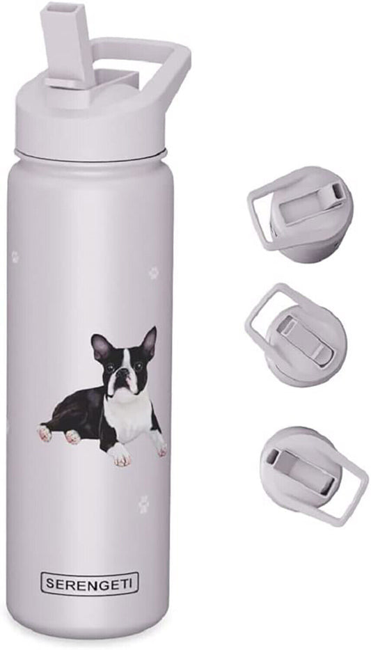 E&S Pets Stainless Steel Water Bottle 24 Oz., Spill Proof (Boston Terrier)