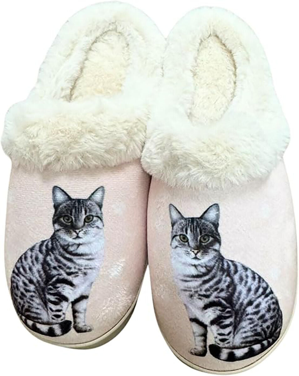 E&S Pets Silver Tabby Cat Snugg Slippers for Pet Lovers - Memory Foam, L/XL
