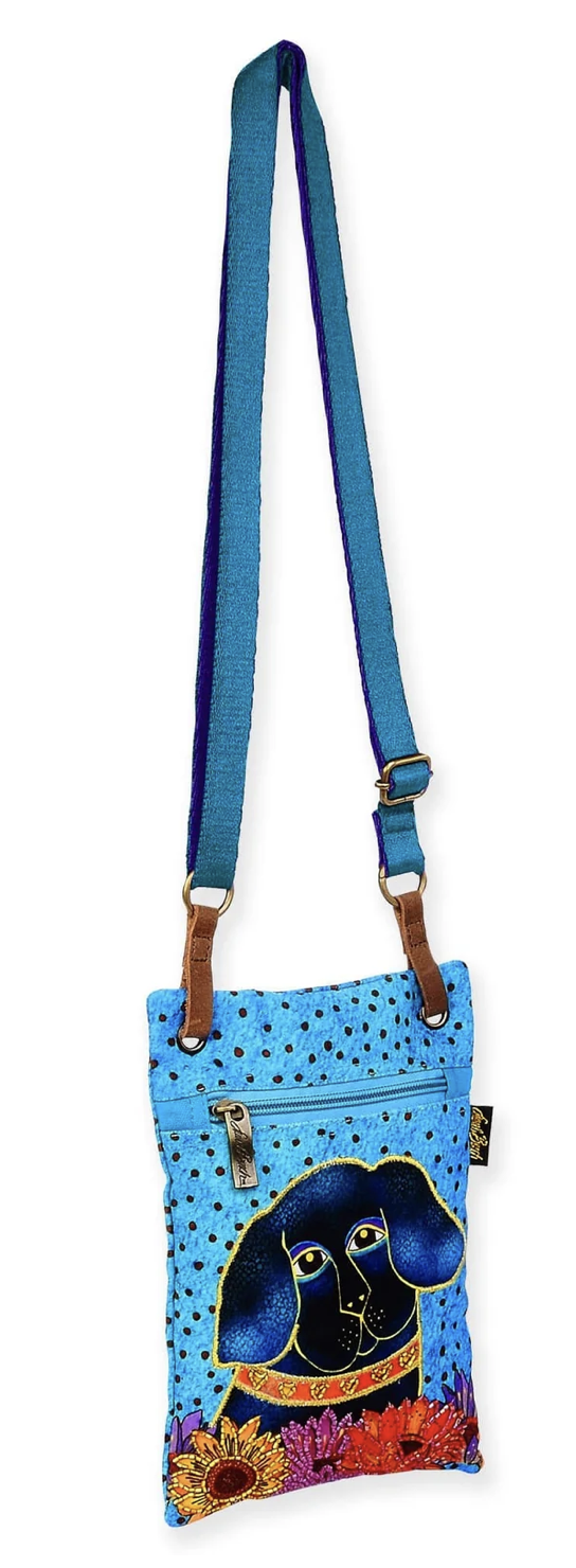 Laurel Burch Matisse in Flowers Black Dog Crossbody Bag Purse, 6" x 9"