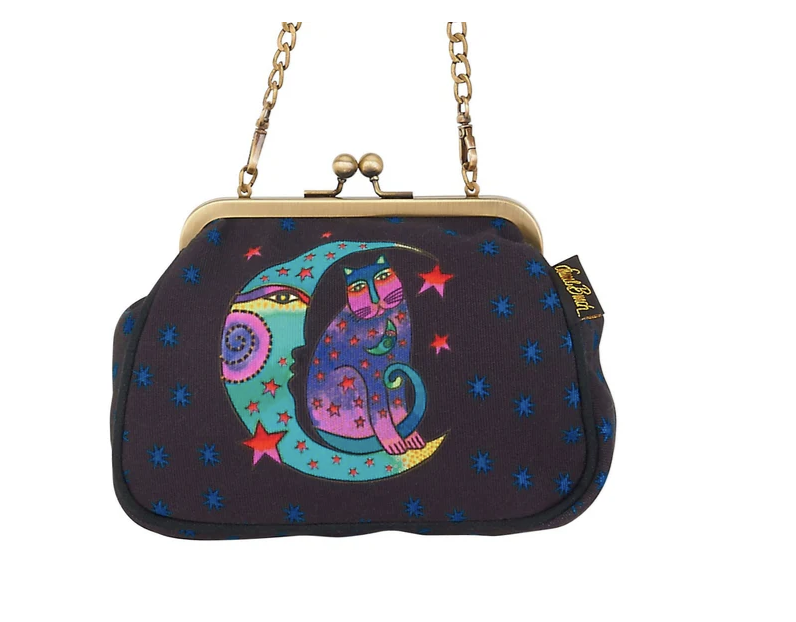 Laurel Burch Moonside Cat Clasp Purse with Shoulder Strap, 6” x 2.5” x 6”