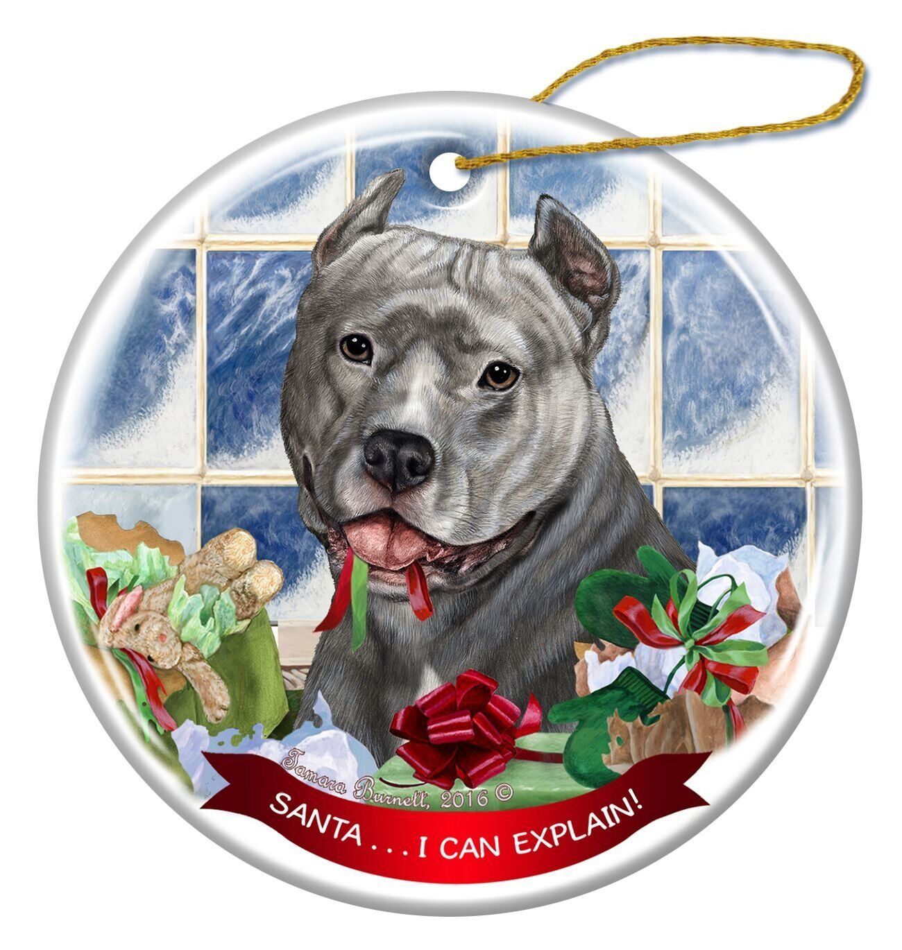 Blue Pit Bull Cropped Dog Porcelain Ornament Pet Gift 'Santa.. I Can Explain!'