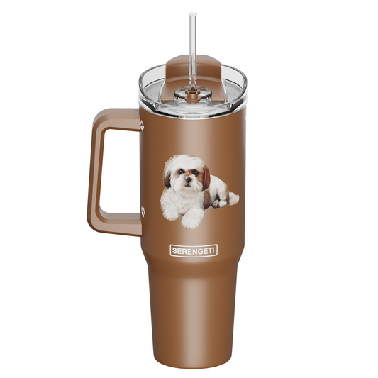 Serengeti 40 Oz Shih Tzu Tan Dog Stainless Steel Tumbler w Handle, Straw & Lid