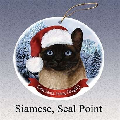 HolidayGift Siamese, Seal Point Santa Hat Cat Porcelain Christmas Tree Ornament
