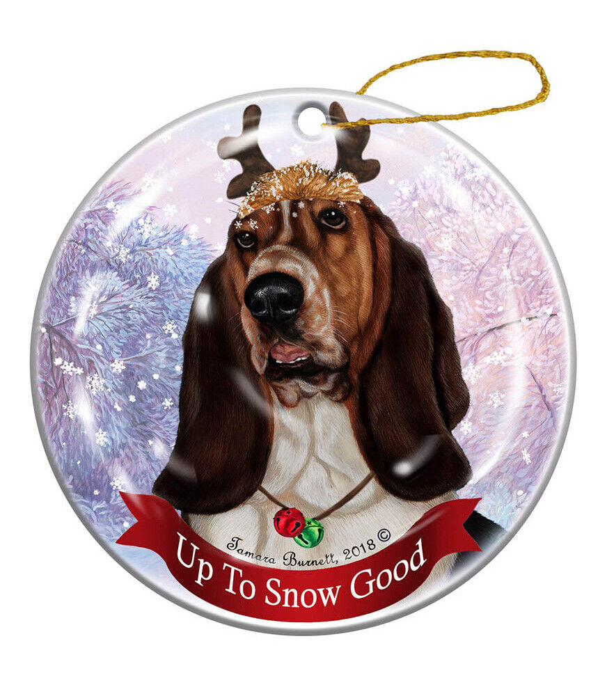 Holiday Pet Basset Hound Tricolor Reindeer Dog Porcelain Christmas Ornament