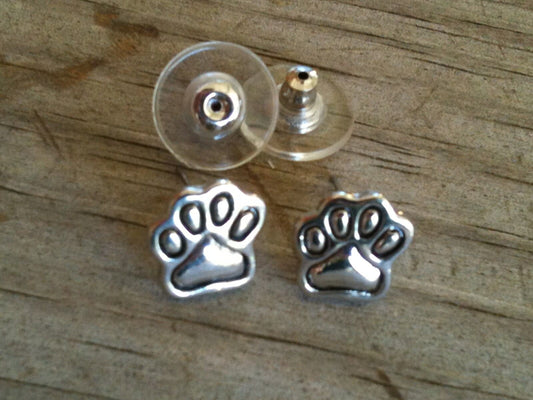 Small Paw Print Imitation Rhodium Plated Post Earrings