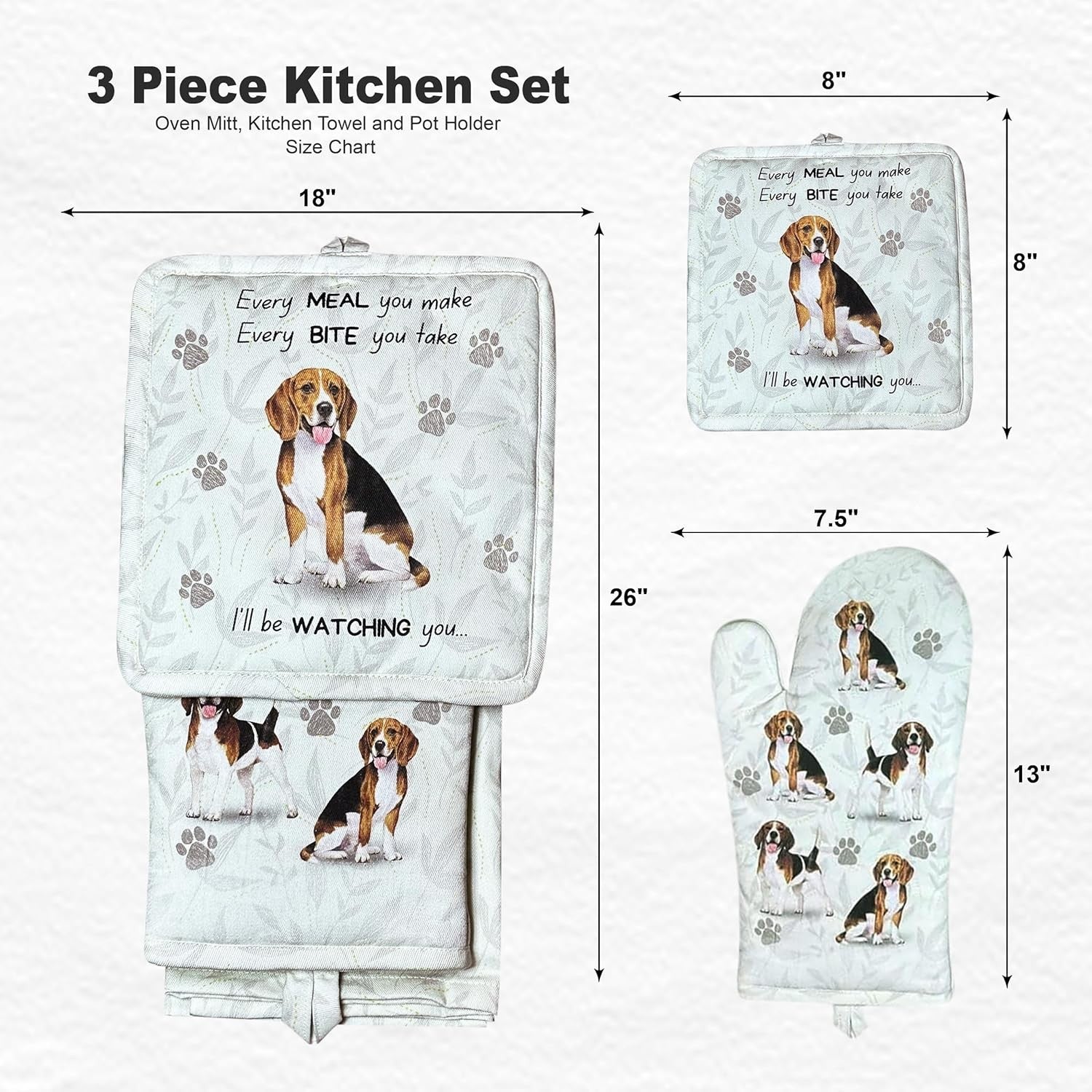 E&S Pets Basset Hound Dog 3 Piece Kitchen Set -  Oven Mitt, Towel, Pot Holder