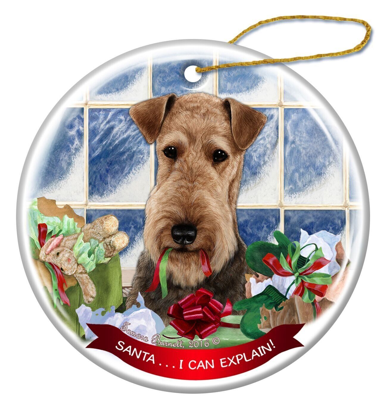 Airedale Dog Porcelain Hanging Ornament Pet Gift 'Santa.. I Can Explain!'