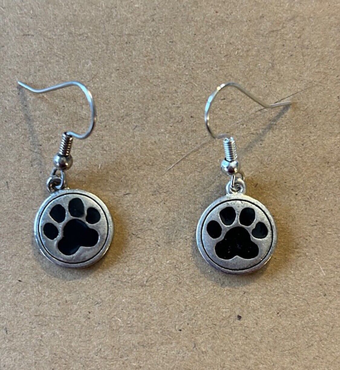 Black Paw Print Dog Cat Tiger Silver Plated Enameled Earrings