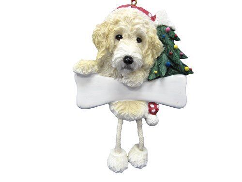 Cream Labradoodle Ornament with "Dangling Legs" Hand Painted Easily Personalized