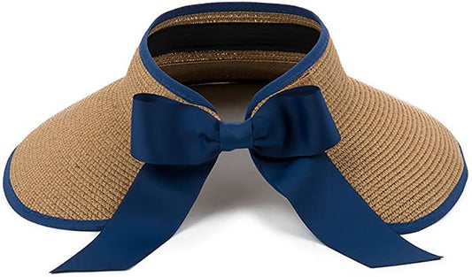 Straw Summer Sun Visor Beach Hat Wide Brim with Bow Adjustable (Navy)