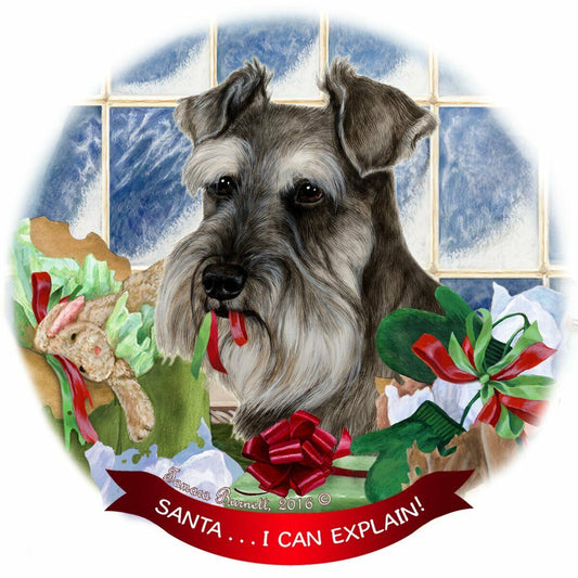 Grey Schnauzer Dog Porcelain Hanging Ornament Pet Gift 'Santa.. I Can Explain!'
