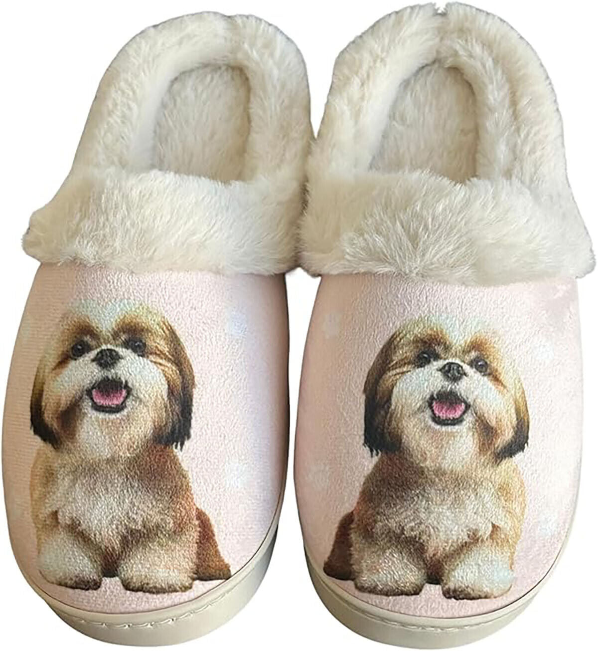 E&S Pets Tan Shih Tzu Snugg Slippers for Pet Lovers - Fuzzy Memory Foam, L/XL